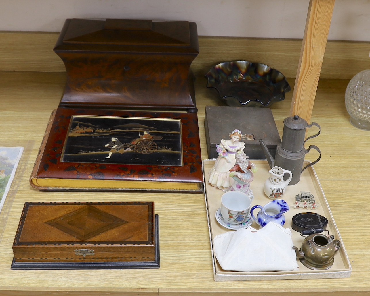 A mahogany veneered sarcophagus shaped tea caddy, a Japanese lacquer album, together miscellaneous ceramics glass etc, tea caddy 36 cms wide x 23 cms high